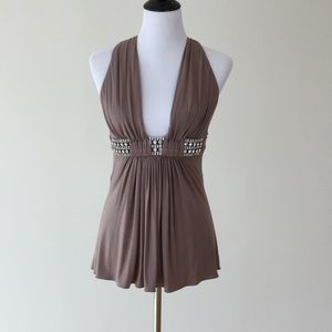 Sky Taupe Embellished Halter Tank Top Swarovski crystals